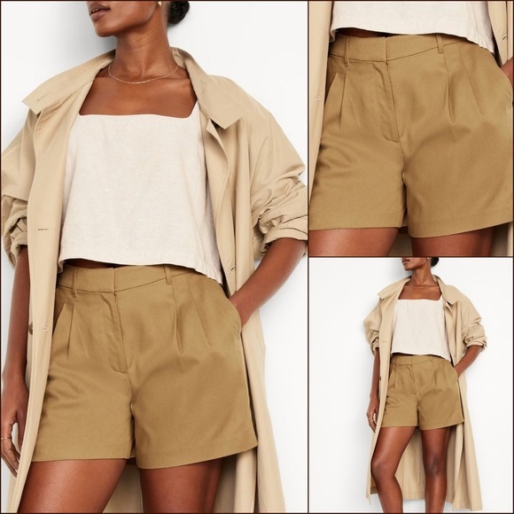NWT High-Rise Tailored Trouser Shorts L Golden Brown Pleated Classic Chic 5" NEW - Picture 3 of 8